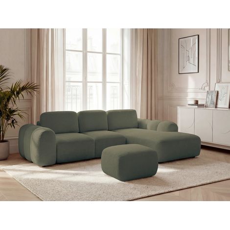 BOBOCHIC - Canapé d'angle convertible coffre grande méridienne MONTAIGNE tissu bouclette avec pouf Angle droit Vert (1/5)