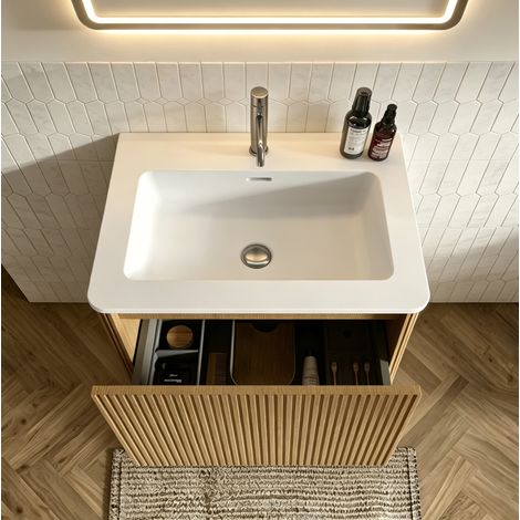 Badezimmer-Waschtischunterschrank mit Becken 61 x 46,5 x 37 cm, Wandmontage, Eiche, HAVRYA (1/5)