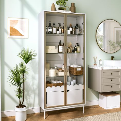 Armario alto con puerta de cristal, estantes regulables, cajón grande, patas metálicas, MDF dorado y blanco (1/5)