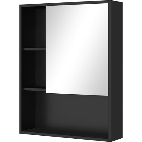 kleankin Pensile da Bagno con Specchio, Ripiani e Scaffale Regolabile Nero (1/5)