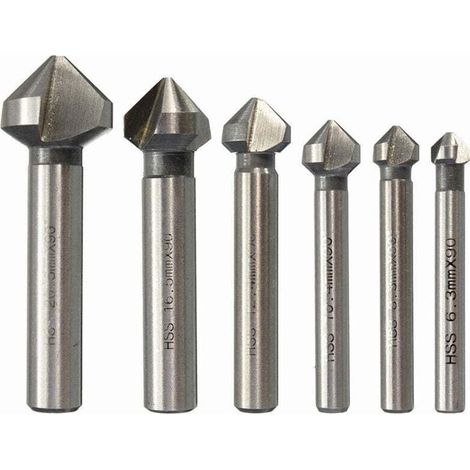 Set of 6 chamfering cutters, HSS 90° chamfering cutters, cylindrical chamfering cutters, screw-in tools for DIY, wood, metal, PVC, 6 3/8, 3/10, 4/12, 4/16.5/20.5 mm (1/4)