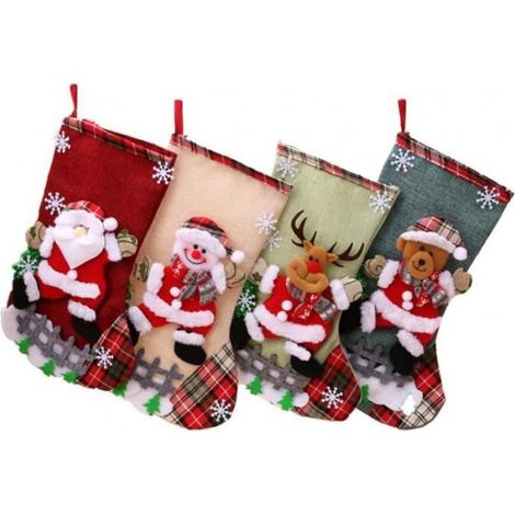 Chaussette De Noël - Sac Cadeau Décoratif - Grand Format 32x19 cm - Thème Santa Snowman Renne Ours - Lot De 4 Pièces (1/4)