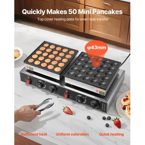 Appareil à gaufres mini poffertjes 50 pièces, plaque inox antiadhésive, gril électrique pro 1800W, double réglage température minuteurs, café cuisine dessert (1/5)