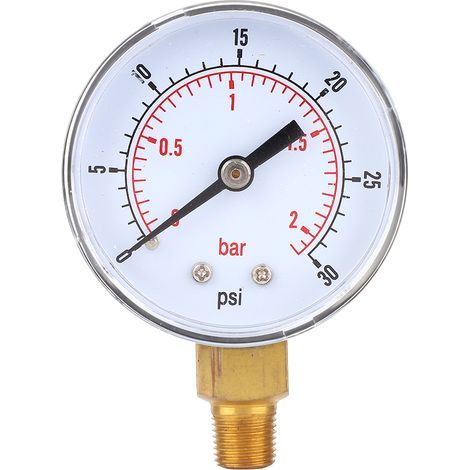 50-mm-Manometer (1/8 BSPT) für Luft, Wasser, Öl, Gas (0–30 PSI / 0–2 bar) – Anschluss unten (1/5)