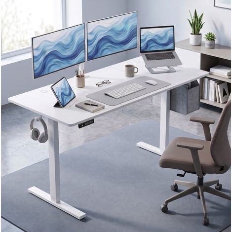 Bureau assis-debout électrique 140 x 60 cm, hauteur réglable 72-118 cm, blanc OKMYHOME (1/5)