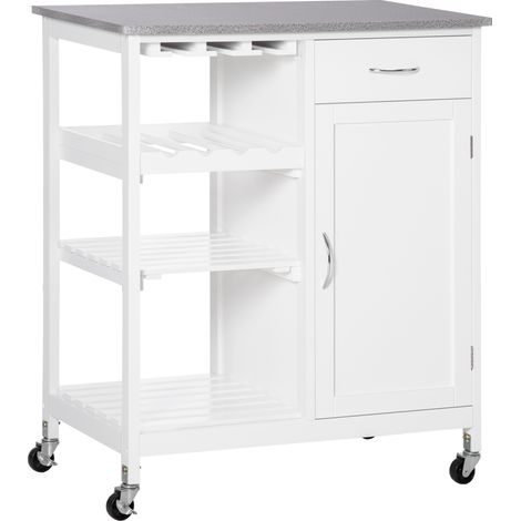 Chariot de cuisine avec roues Chariot de service avec 1 tiroir, étagères amovibles et porte-bouteilles 76 x 48 x 88 cm Blanc (1/5)