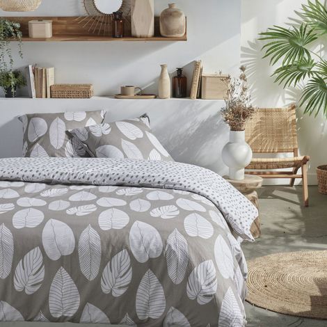 Parure de lit 3 pièces 240x220 cm coton imprimé feuille taupe et blanc (1/4)