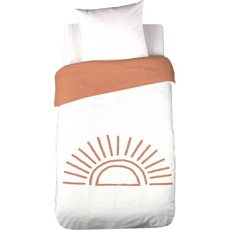sweeek - Bettwäsche-Set aus Baumwolle, getuftet, wendbar, Sonnenprint weiß/terracotta, 1 Person 140 x 200 cm
