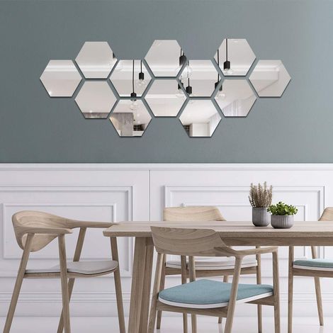 12 Pièces Miroir Acrylique Adhésif Autocollant Mural Miroirs Muraux Stickers Salon Chambre Décor 17.7 cm x 15.3 cm (Hexagone, Argent) (1/4)