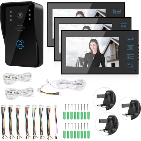 Kit Interphone Vidéo Porte Filaire 7 Pouces, Sonnette Visuelle Nocturne Anti-Pluie 100-240V Prise UK (1/5)