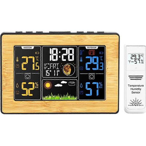 Station météo sans fil avec capteur, thermomètre, hygromètre, baromètre et horloge extérieure/intérieure (1/5)