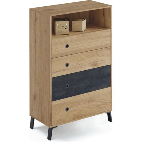 Commode coloris chêne doré / imitation marbre - Hauteur 120 x Longueur 74 x Profondeur 40 cm - PEGANE - (1/5)