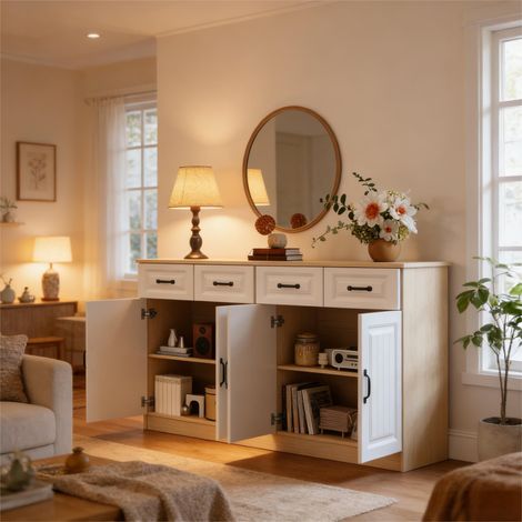 Tkopy - Buffet blanc 160 cm, 4 tiroirs, 4 portes, étagères réglables, style moderne, robuste, polyvalent cuisine/salon/entrée, montage facile (1/5)