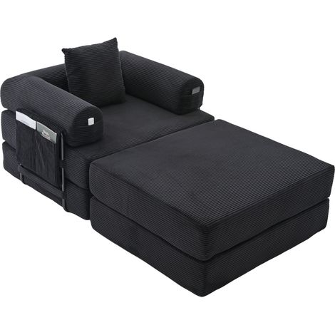 Canapé modulable en velours côtelé noir avec pouf, coussin et poche latérale, design ergonomique, montage sans outil et usage quotidien – CHICFURN (1/5)