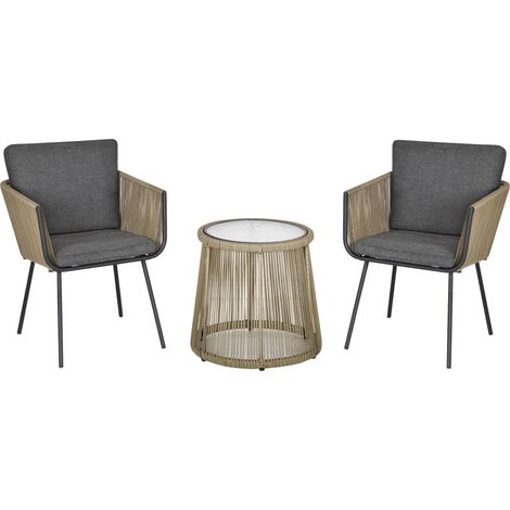 Ensemble de salon 3 pièces, 2 chaises, table d'appoint, coussins d'assise et de dossier, plateau en verre trempé, rotin synthétique, gris