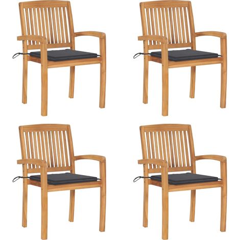 Chaises de jardin empilables avec coussins 4 pcs Teck solide 16 (1/5)