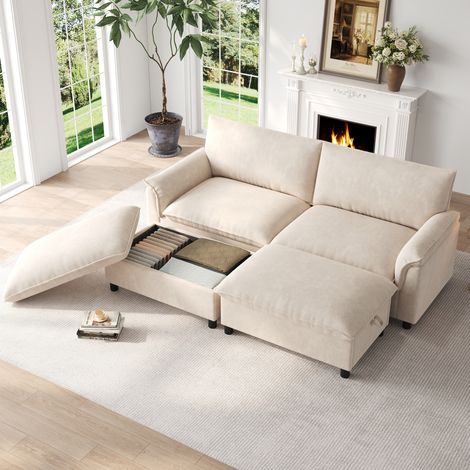 FloraGrace canapé modulable Cloud, 216 x 77 x 82 cm, chenille beige, 2 poufs mobiles, coffre, convertible (1/5)
