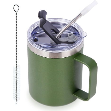 Insulated Coffee Cup 12 oz Leakproof with Flip Lid and Straw, Double Wall Stainless Steel Vacuum Travel Mug with Handle, Reusable Camping Mug (1/5)