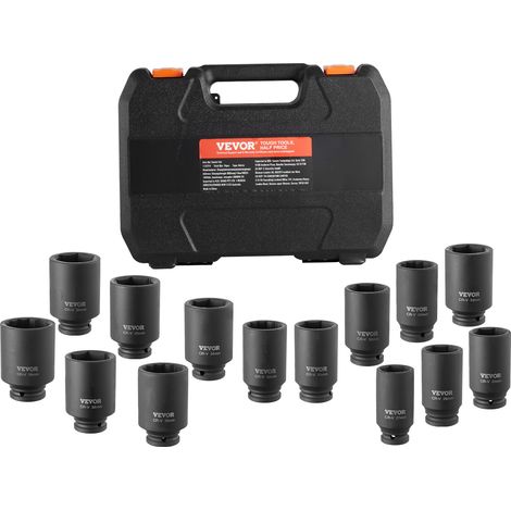VEVOR Jeu de Douilles a Chocs Profondes pour Ecrous d’Essieu 14PCs, Coffret de Douilles pour Ecrous a Entrainement de 1/2 po 12,7 mm, Metriques, 6 et 12 Pans, Outil de Montage et Demontage Reparation