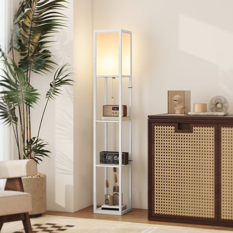 Blanc - Lampe sur pied doté de étagères de rangement, lampe moderne en bois, ampoule E27, pour salon, chambre, bureau