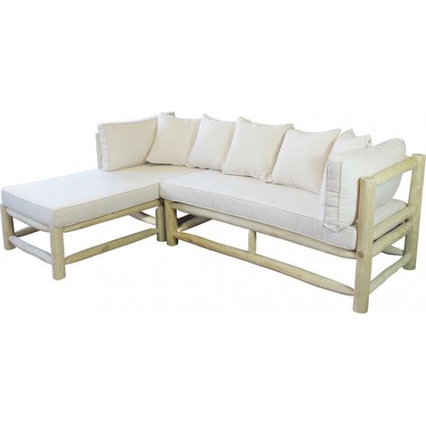Divano chaise longue con penisola con struttura in legno di teak e cuscini Maldive (1/3)
