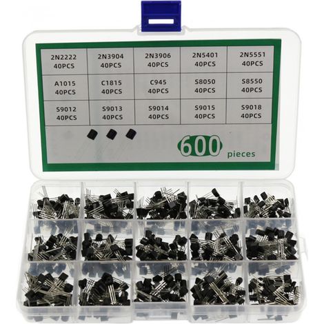 Bausatz mit 600 TO-92-Transistoren (15 Typen und Werte): 2N222, 2N3904, 2N3906, 2N5401, 2N5551, A1015, C1815, C945, S8050, S8550, S9012, S9013, S9014, S9015 und S9018, mit tragbarer Aufbewahrungsbox. (1/5)
