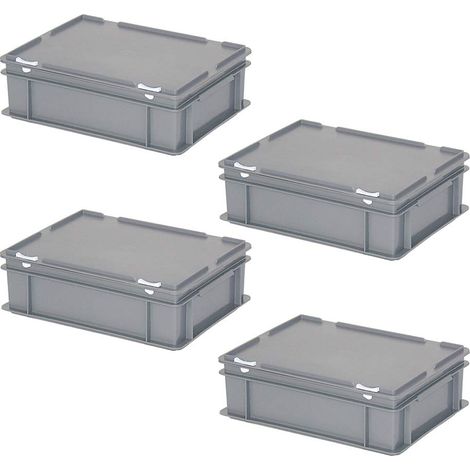 BRB Lot de 4 boîtes Euro avec couvercle à charnière et fermetures coulissantes, L 400 x l 300 x H 130 mm, gris