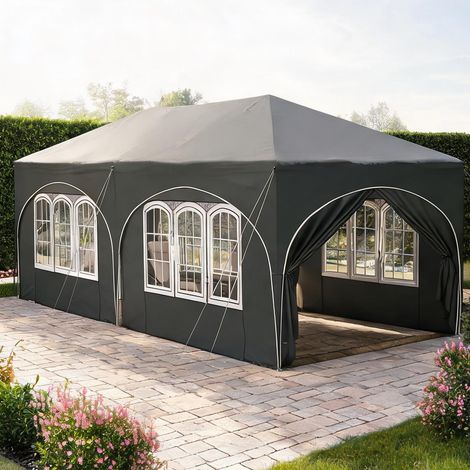 Pavillon de jardin 3 x 6 m avec 6 parois latérales tonnelle gris (1/5)