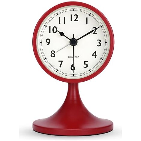 Petite horloge de bureau, silencieuse (sans tic-tac), réveil à piles, design minimaliste, ronde, en métal, décoration de chambre, rouge. (1/5)