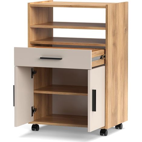 Meuble d'appoint de cuisine à roulettes avec étagères, 1 tiroir et armoire à 2 portes coloris Beige/chêne Mauvella - Longueur 59 x Hauteur 92 x Profondeur 39,6 cm (1/3)