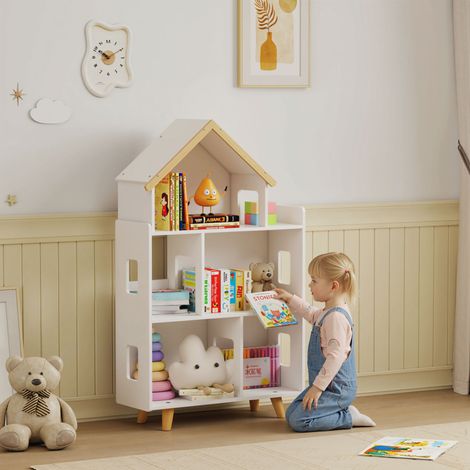 Bibliothèque pour enfants 3-6 ans 3 niveaux pour livres et jeux - 65x25x108,5 cm - MDF et bois de pin - blanc