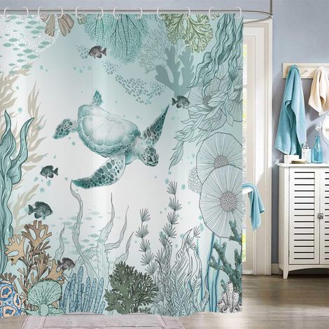 Rideau de Douche Tortue de mer 120x180, Nautique Côte Poissons Tropicaux Corail Turquoise Océan Thématique sous-Marin Vie Marine Rideau de Baignoire Étanche Tissu Lavable Rideau de Bain (1/5)