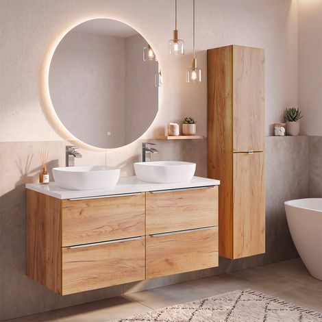 Mobile lavabo doppio da 120 cm con colonna in legno aprile e bianco (1/5)