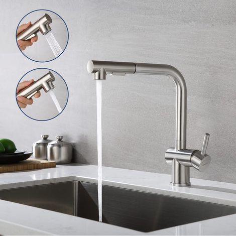 Mitigeur d'évier extractible 2 fonctions, robinetterie cuisine pivotante 360° en acier brossé, douchette rétractable avec brise-jet amovible (1/5)
