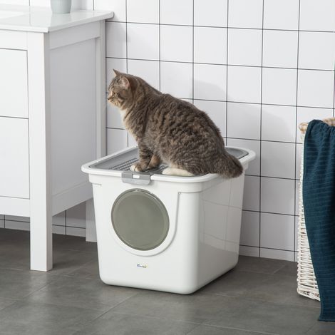 Arenero para gatos con tapa y pala, 44 x 55 x 39 cm, blanco/gris OKMYHOME (1/5)