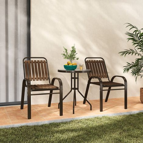 3-teiliges Gartenmöbelset mit 2 stapelbaren Stühlen und rundem Tisch aus gehärtetem Glas für Balkon und Terrasse