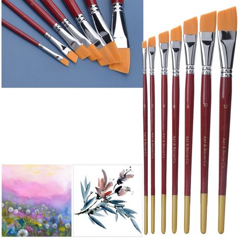 Ensemble de 7 pinceaux à manche court en nylon à pointe inclinée pour peinture acrylique, peinture à l'huile, gouache et aquarelle (1/3)