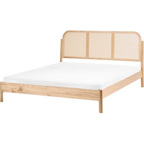 Bed Light Brown Pine Wood Frame Plastic Rattan Headboard EU King Size 5ft3 with Slats Bedroom Retro Style ARCHAIL (1/5)