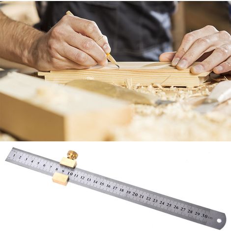 Règle en acier de 30 cm pour le travail du bois, outil de marquage et de mesure avec bloc coulissant en laiton. (1/5)