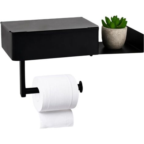 Porte-papier toilette mural avec boîte à mouchoirs, en acier inoxydable noir, sans perçage, pour salle de bain (1/4)