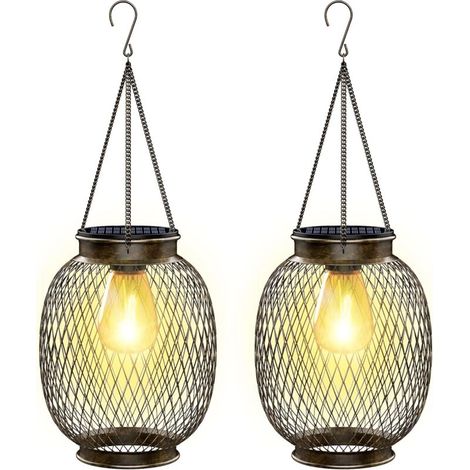 Lampe Solaire Exterieur Jardin Suspendue, IP65 Étanche Lanterne Solaire Exterieur 2 Pièces avec Ampoule LED Lampe pour Porche Cour Jardin