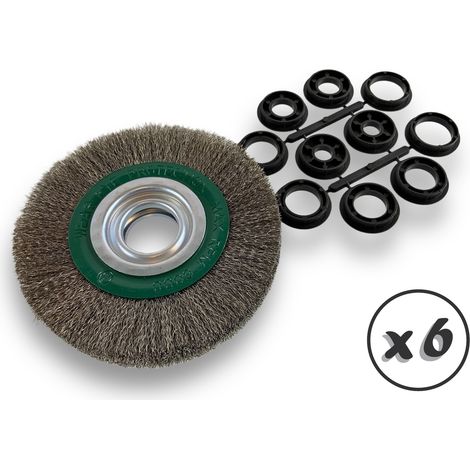 Lot de 6 brosses circulaires INOX Ø 150 mm Epaisseur 3 rangs Fil souple 0.20 mm ondulé Alésage 32 mm + réducteur bague 25/22/20/16/12 mm Touret affûteuse ponceuse Kibros 235153IVx6 (1/5)