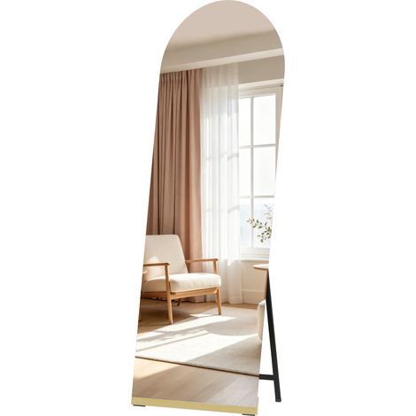 Miroir sur pied incurvé 160 x 50 cm, sans cadre, base en bois, transparent (1/5)