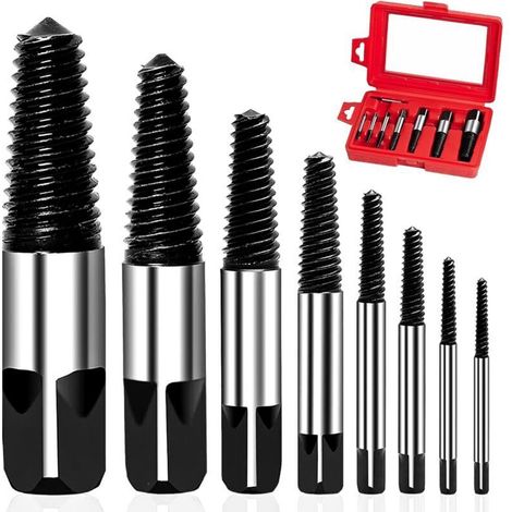 Kit d'extracteurs de vis cassées en 8 pièces (3 à 25 mm) avec boîte de rangement pour vis et tuyaux cassés