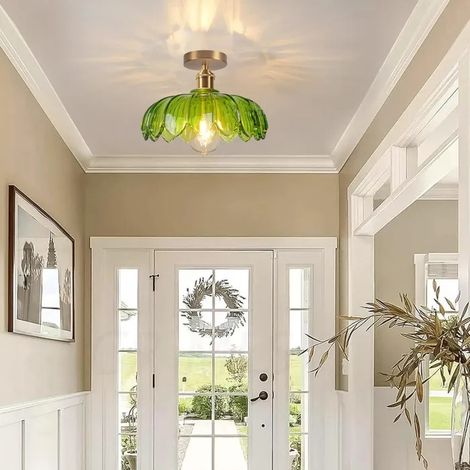 Plafonnier Vintage,Lampe de Plafond Moderne Abat-jour en Verre Design Fleurs Vert E27 Lustre Style Nordique pour Salon (1/5)