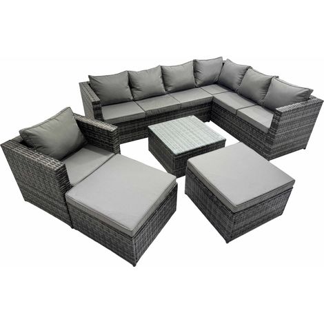 Fimous Outdoor PE Rattan Garden Furniture Sofa Set with Square Coffee Table Chair 2 Big Stools Dark Grey (1/5)