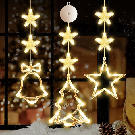 Lot de 3 guirlandes lumineuses de Noël à piles à suspendre en forme d'étoile pour sapin de Noël, cheminée, intérieur et extérieur Blanc chaud (1/4)