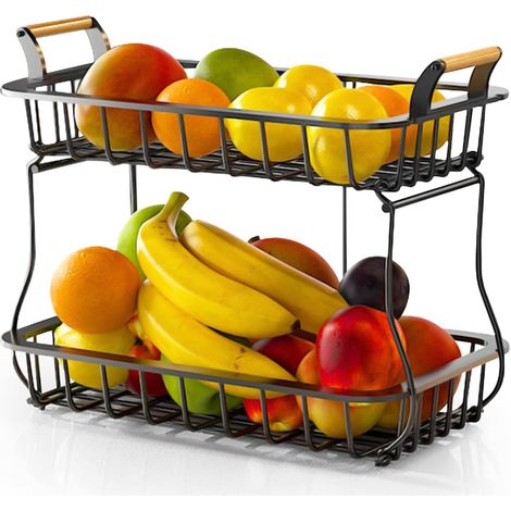 Obstkorb mit 2 Etagen, Obstkorb aus Metall zum Aufbewahren und Organisieren von Gemüse und Obst, hält Obst und Gemüse frisch, geeignet für Küche oder Wohnzimmer