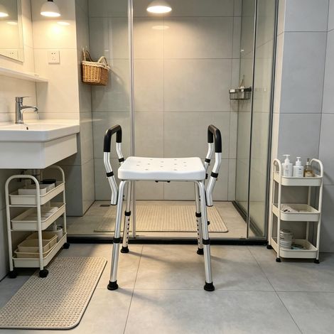 Tumbona de ducha regulable en altura para personas mayores y discapacitadas, con patas antideslizantes. (1/5)