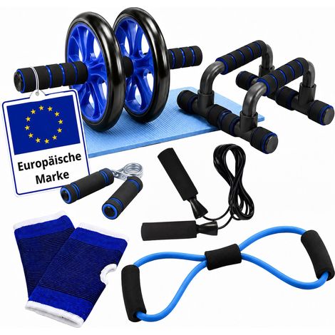 Relaxdays Fitness Set, 9-tlg., Bauchroller, Liegestützgriffe, Handtrainer, Springseil, Fitnessband, Kniematte, blau (1/5)